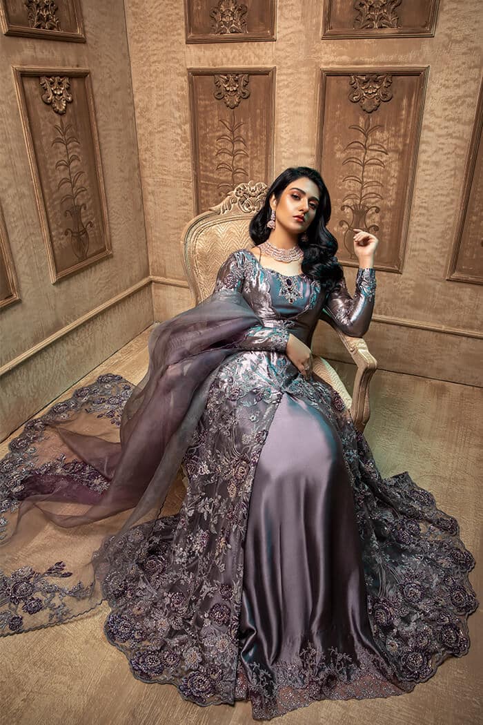 Metallic Grey & Purple Embellished Net Tissue Gown (2-Piece) - Image 1