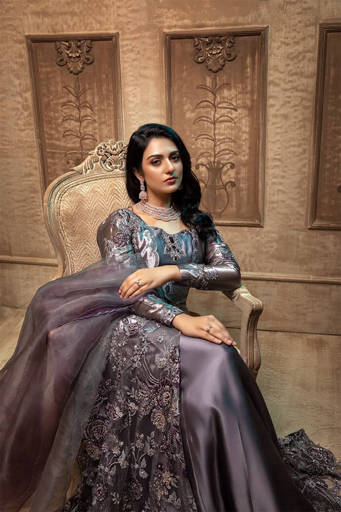 Metallic Grey & Purple Embellished Net Tissue Gown (2-Piece) - Image 2