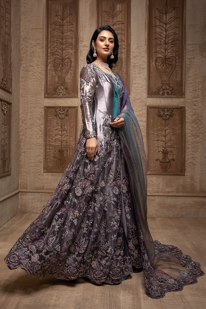 Metallic Grey & Purple Embellished Net Tissue Gown (2-Piece) - Image 3