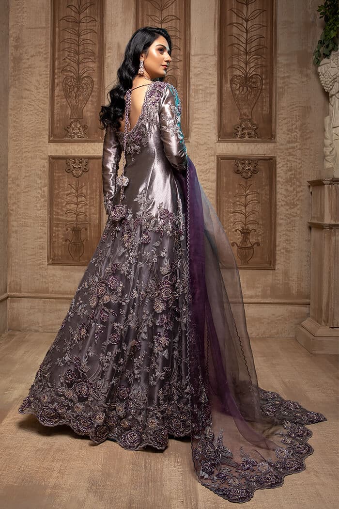 Metallic Grey & Purple Embellished Net Tissue Gown (2-Piece) - Image 5