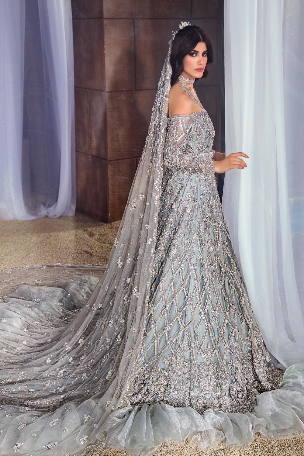 Grey Embellished Net & Silk Bridal Gown (2-Piece) - Image 2