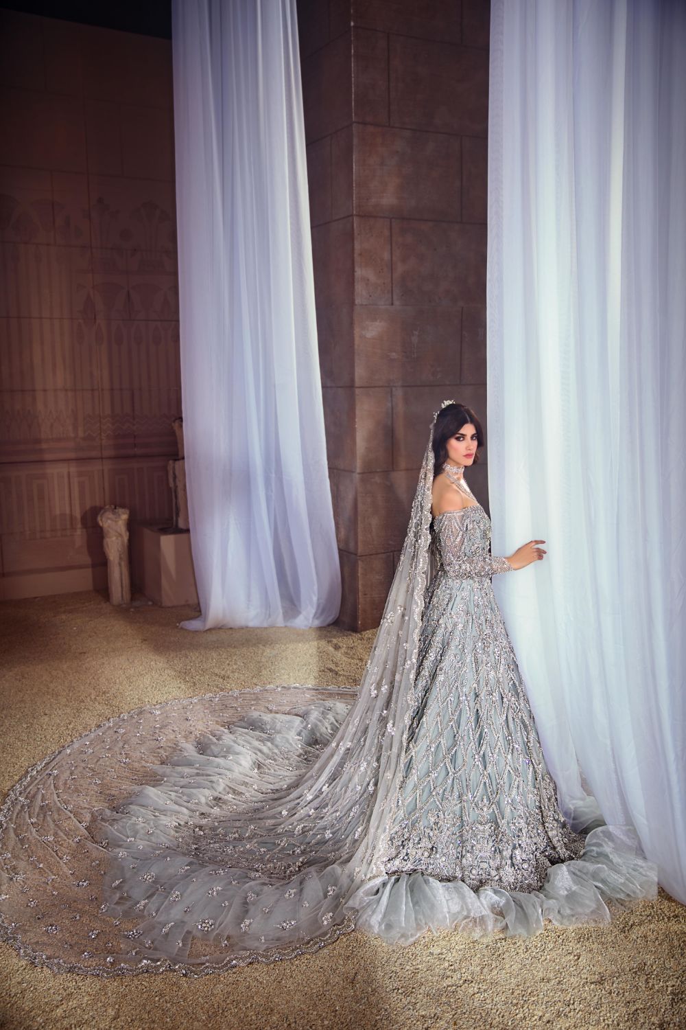 Grey Embellished Net & Silk Bridal Gown (2-Piece) - Image 4