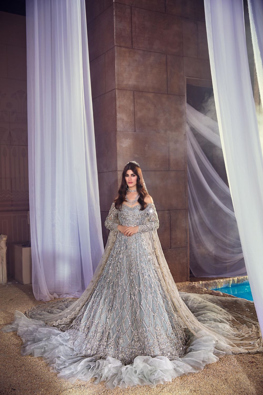 Grey Embellished Net & Silk Bridal Gown (2-Piece) - Image 5