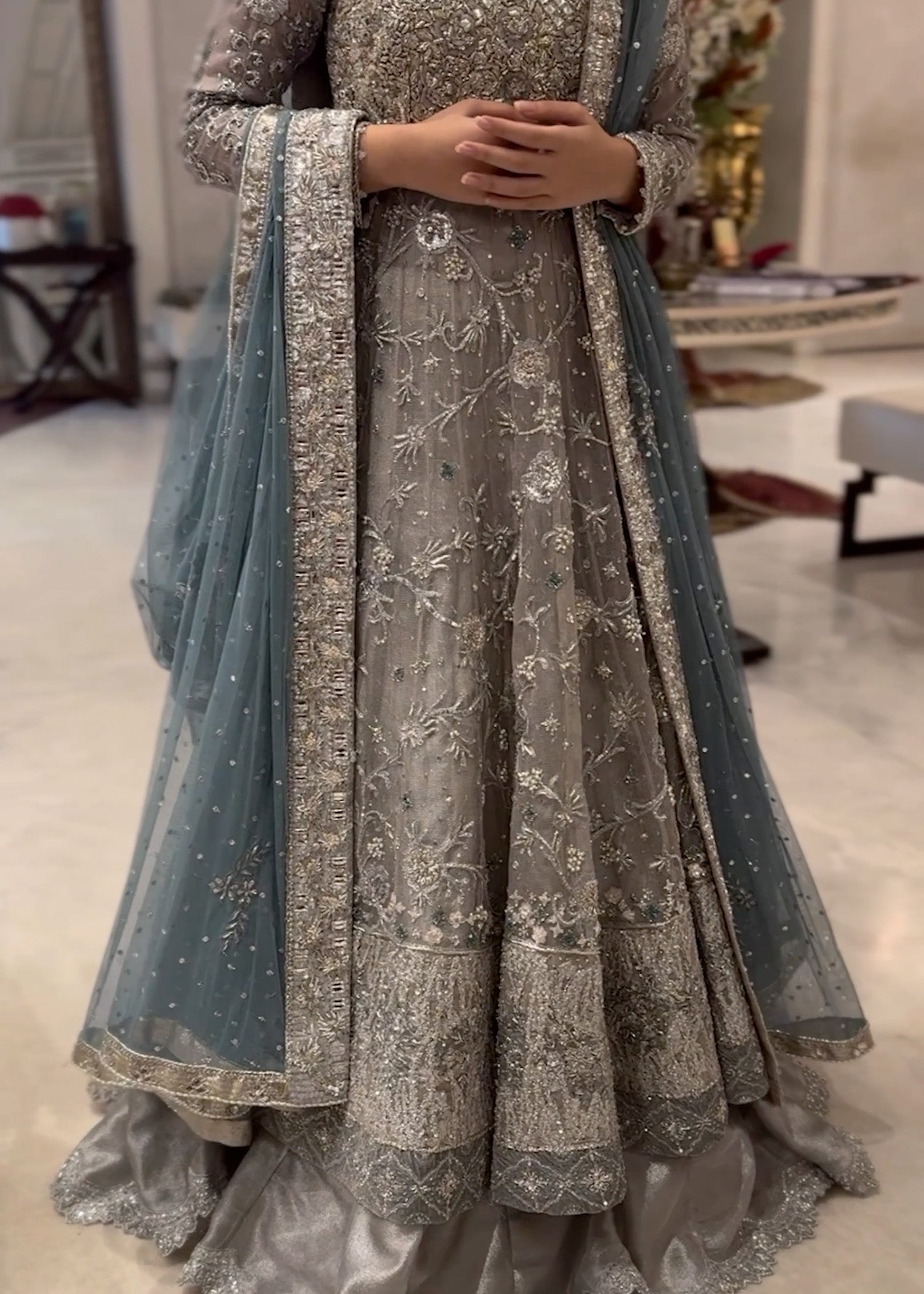 Pakistani Slate Grey Embellished Net Bridal Gown (2-Piece) - Image 1