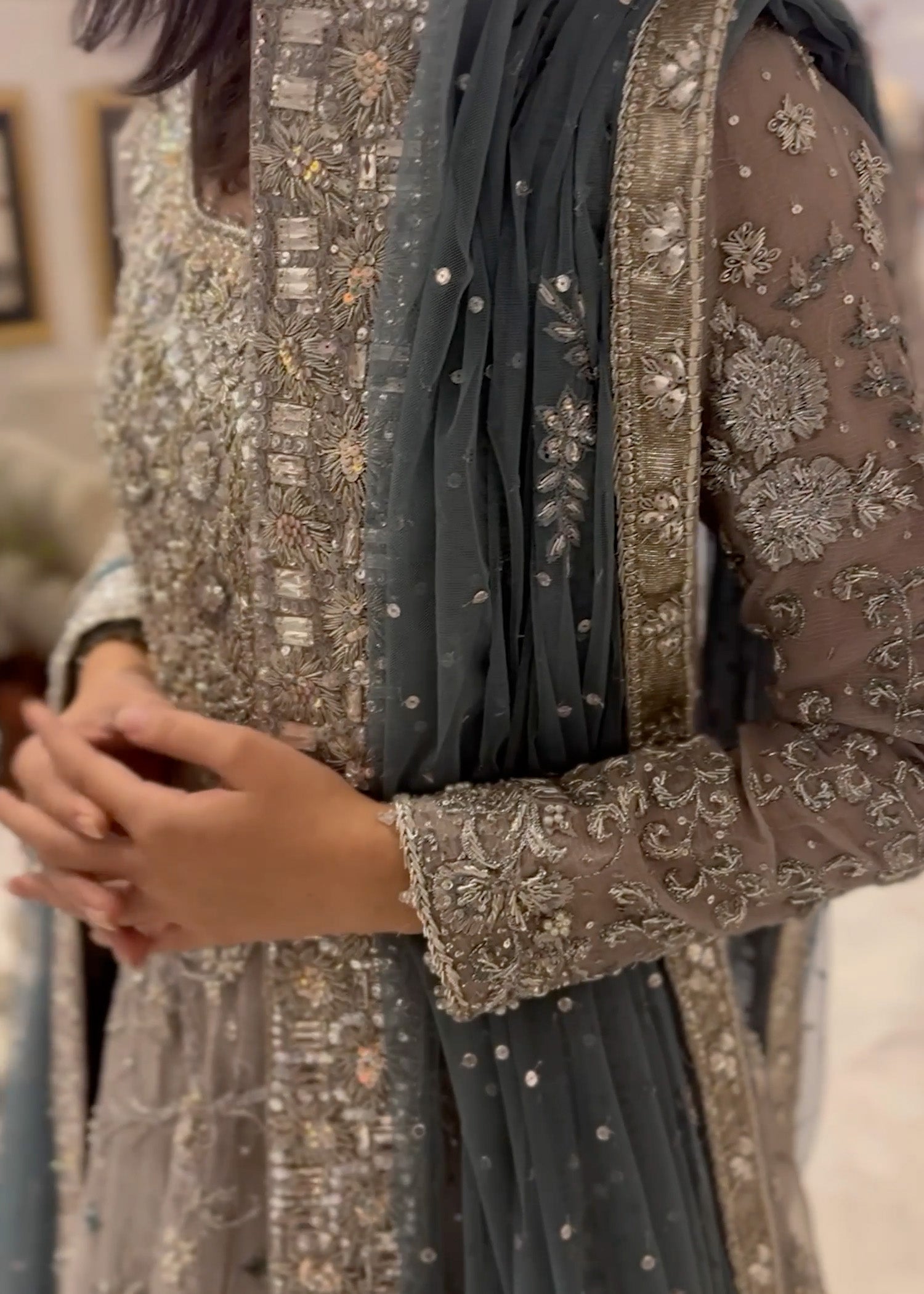 Pakistani Slate Grey Embellished Net Bridal Gown (2-Piece) - Image 2