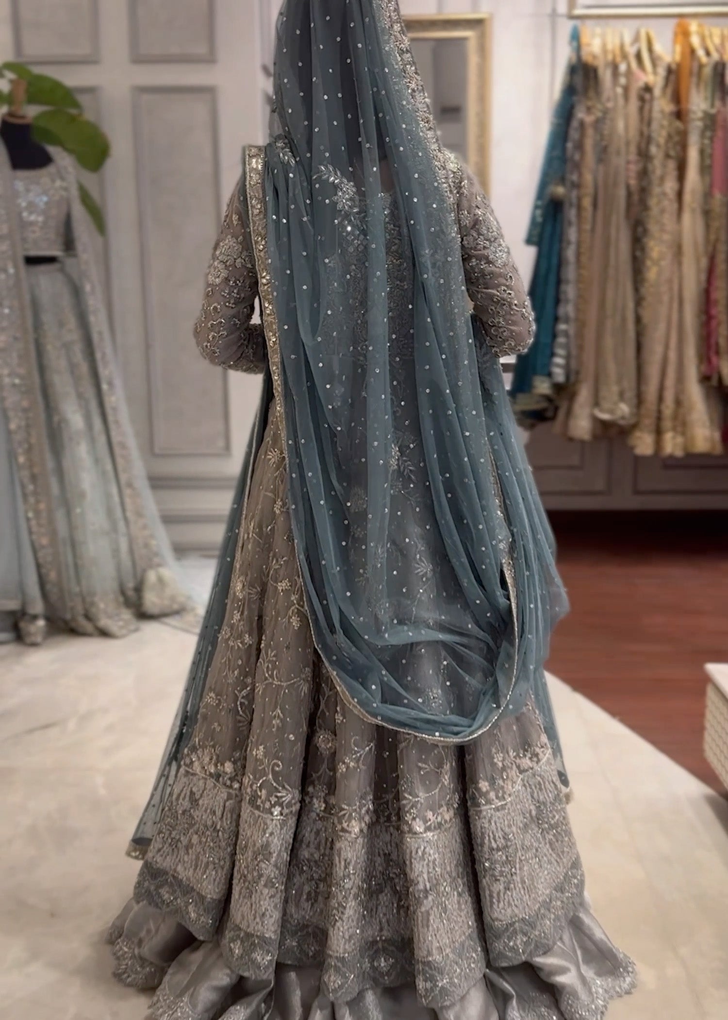 Pakistani Slate Grey Embellished Net Bridal Gown (2-Piece) - Image 3
