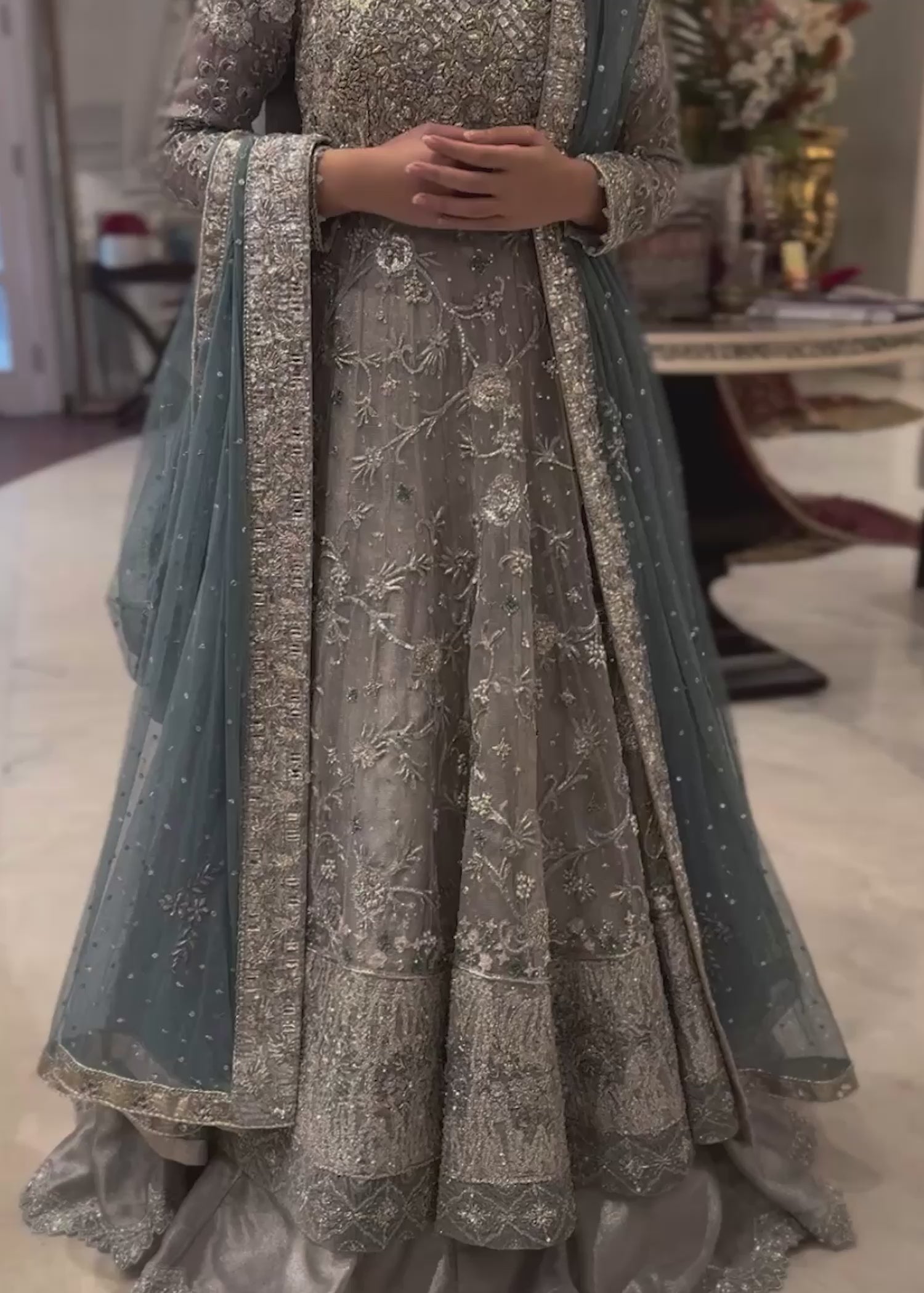 Pakistani Slate Grey Embellished Net Bridal Gown (2-Piece) - Image 4