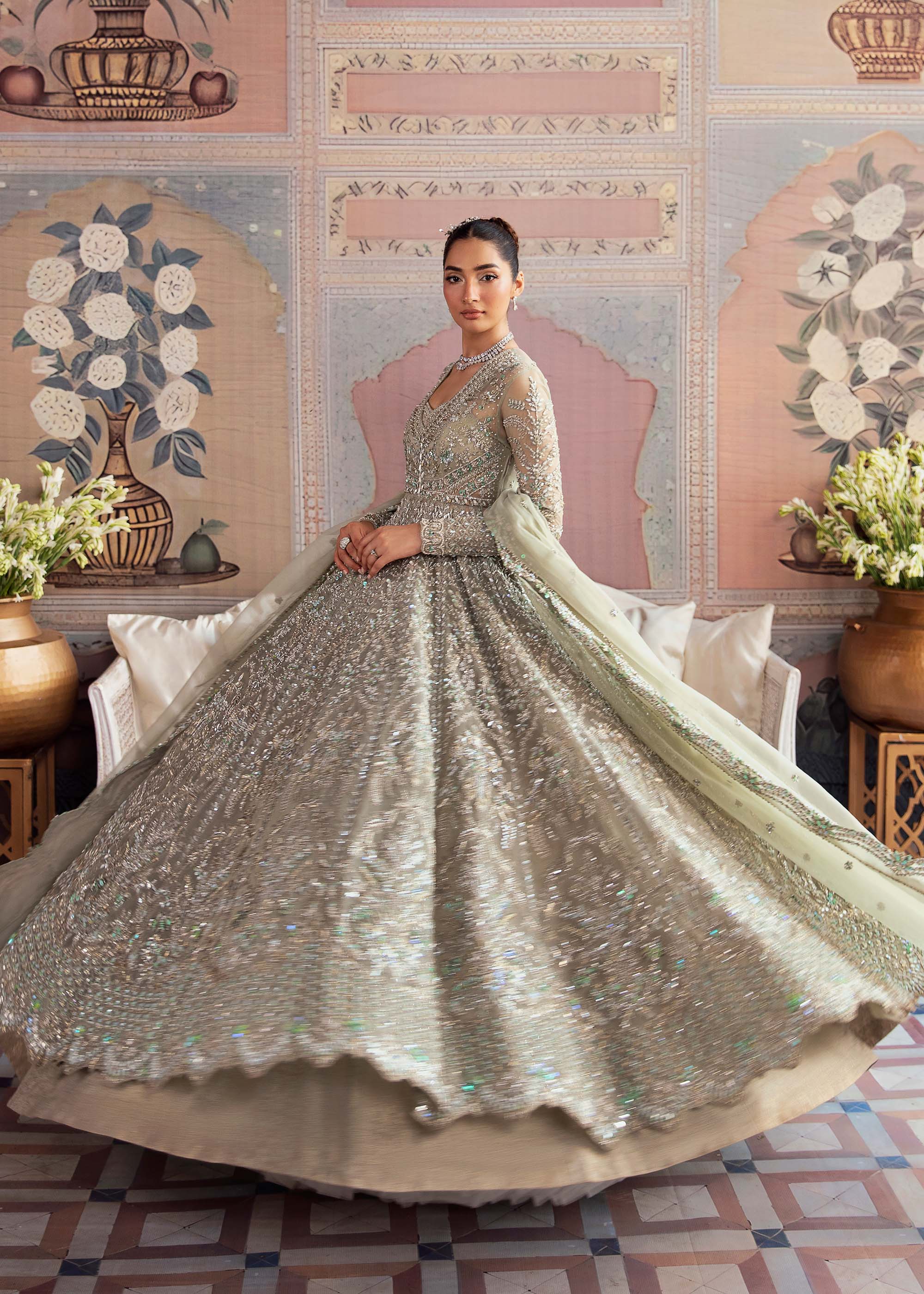 Sage Grey Embellished Net Bridal Gown (2-Piece) - Image 10