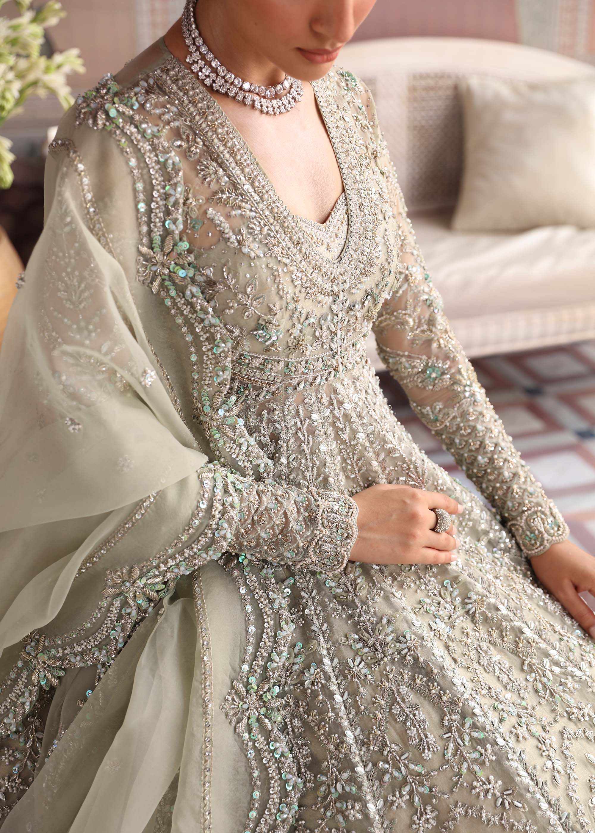 Sage Grey Embellished Net Bridal Gown (2-Piece) - Image 2