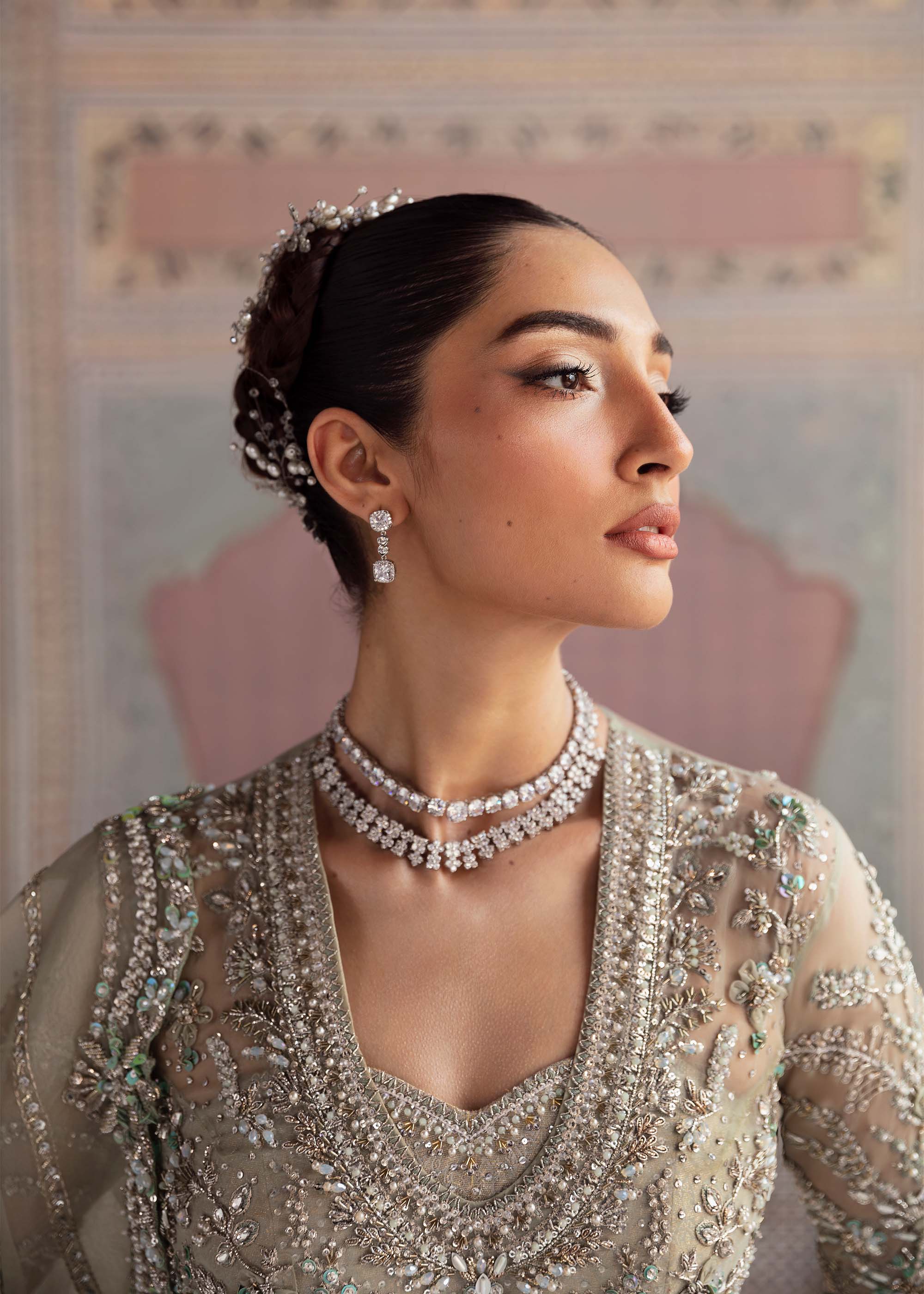 Sage Grey Embellished Net Bridal Gown (2-Piece) - Image 4