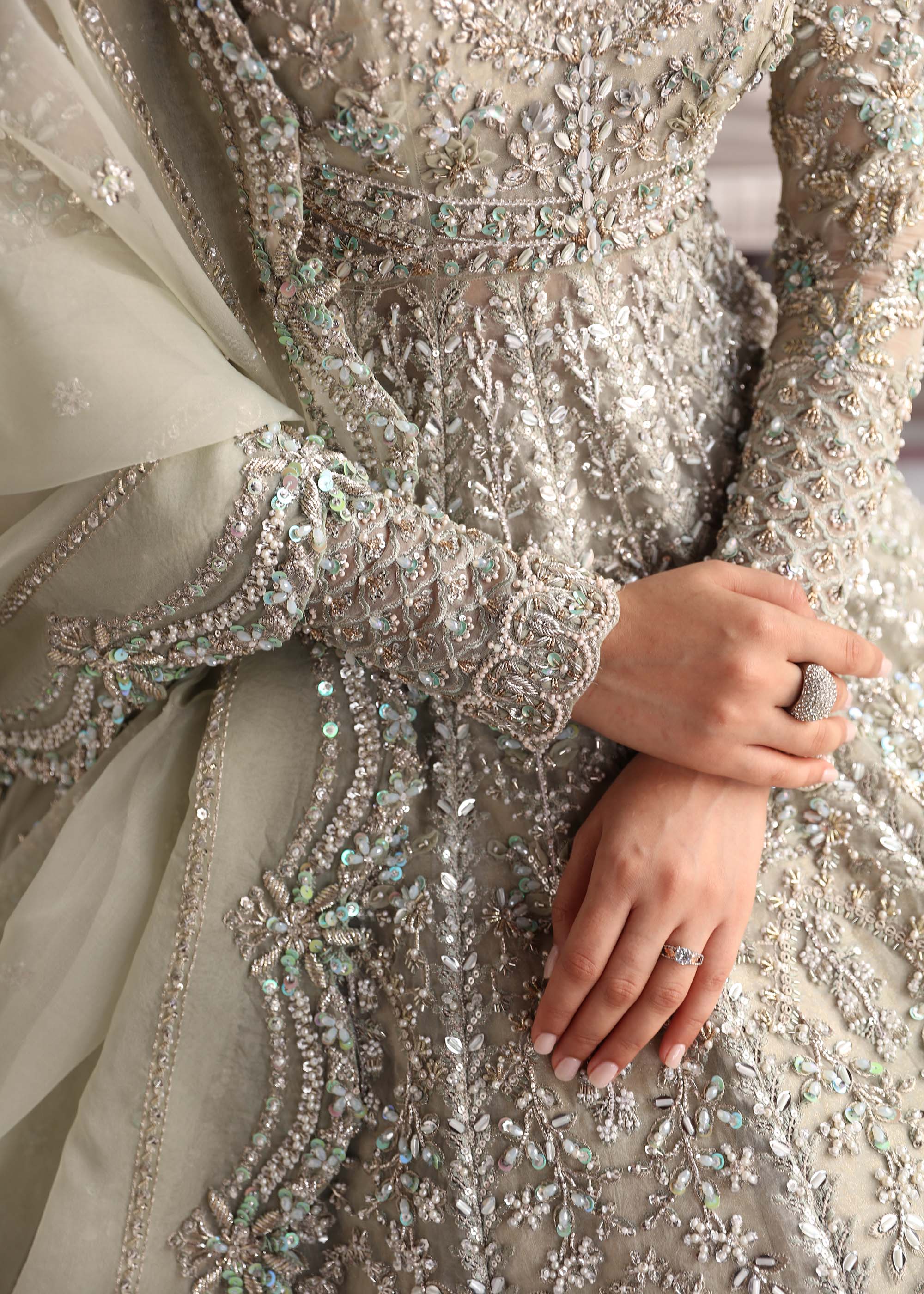 Sage Grey Embellished Net Bridal Gown (2-Piece) - Image 5