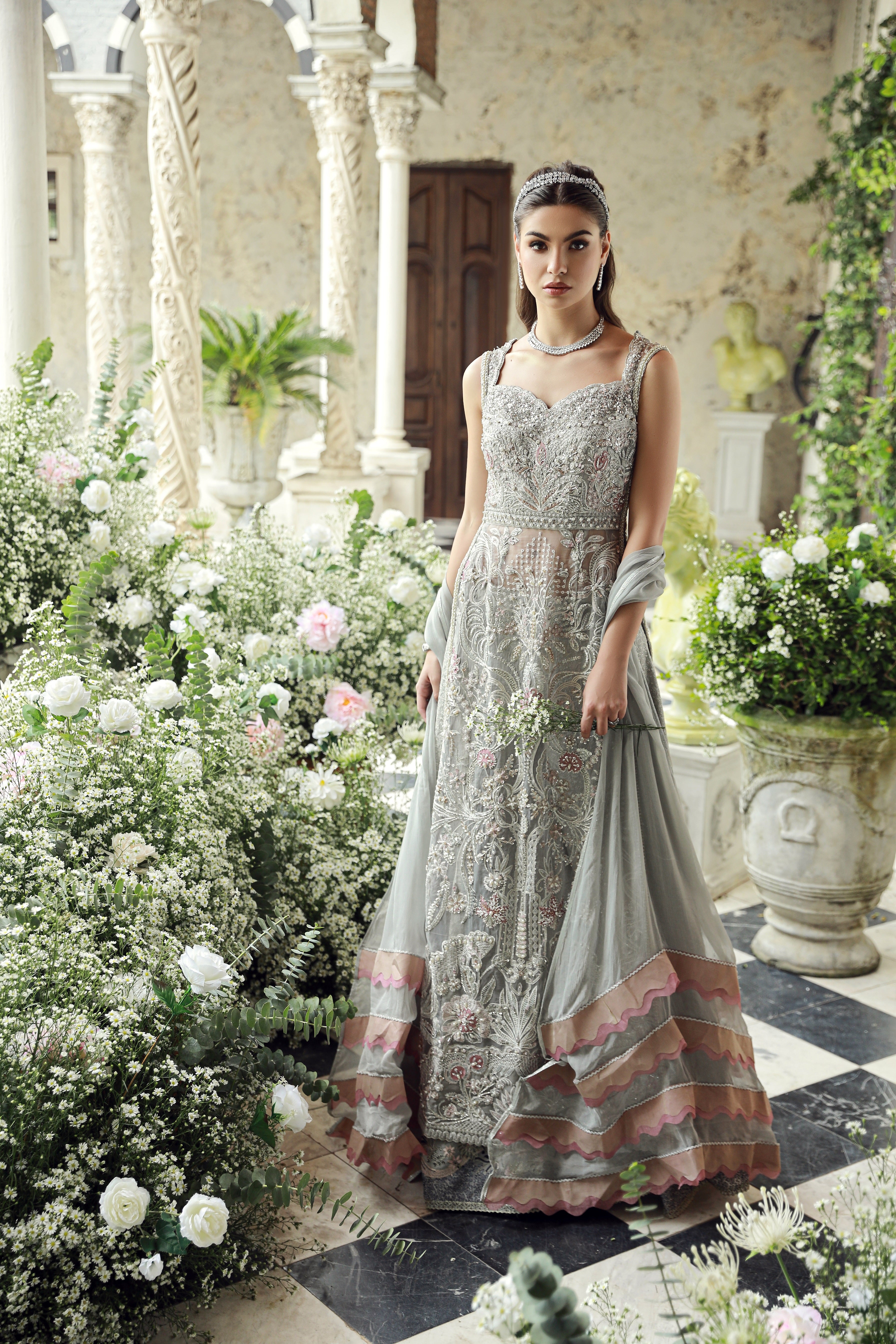 Pakistani Ash Grey Embroidered Net Formal Gown (2-Piece) - Image 1