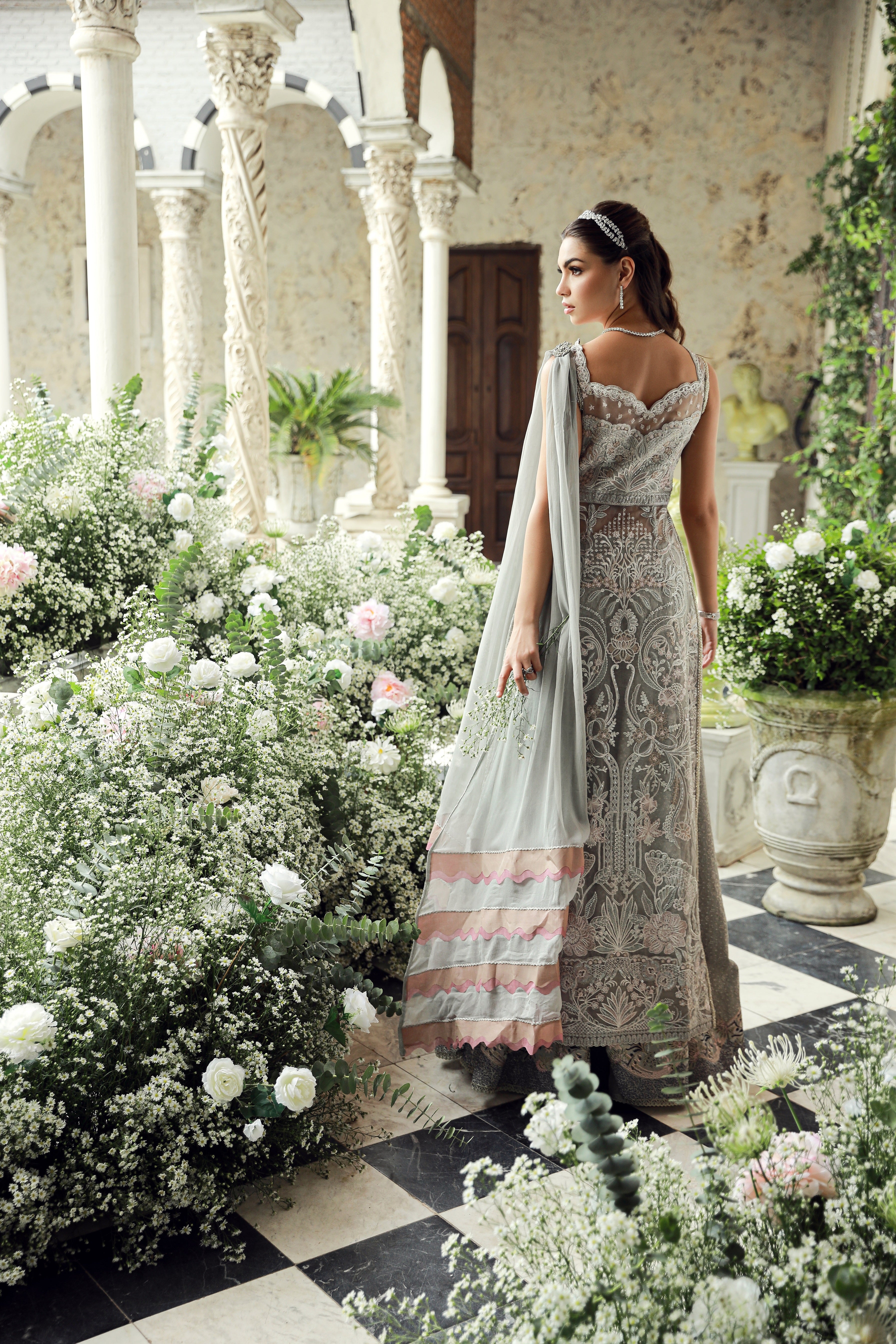 Pakistani Ash Grey Embroidered Net Formal Gown (2-Piece) - Image 2