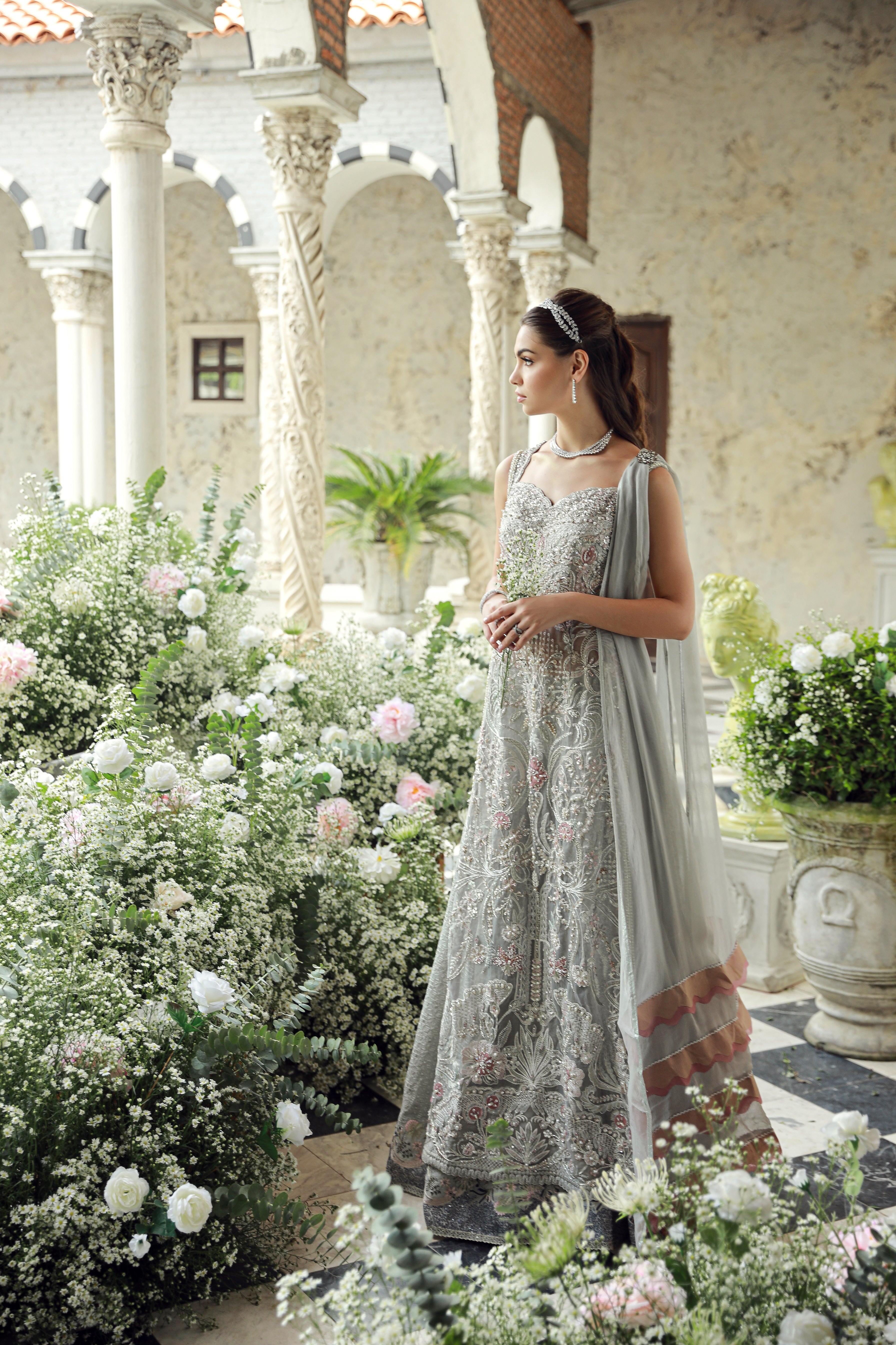 Pakistani Ash Grey Embroidered Net Formal Gown (2-Piece) - Image 3