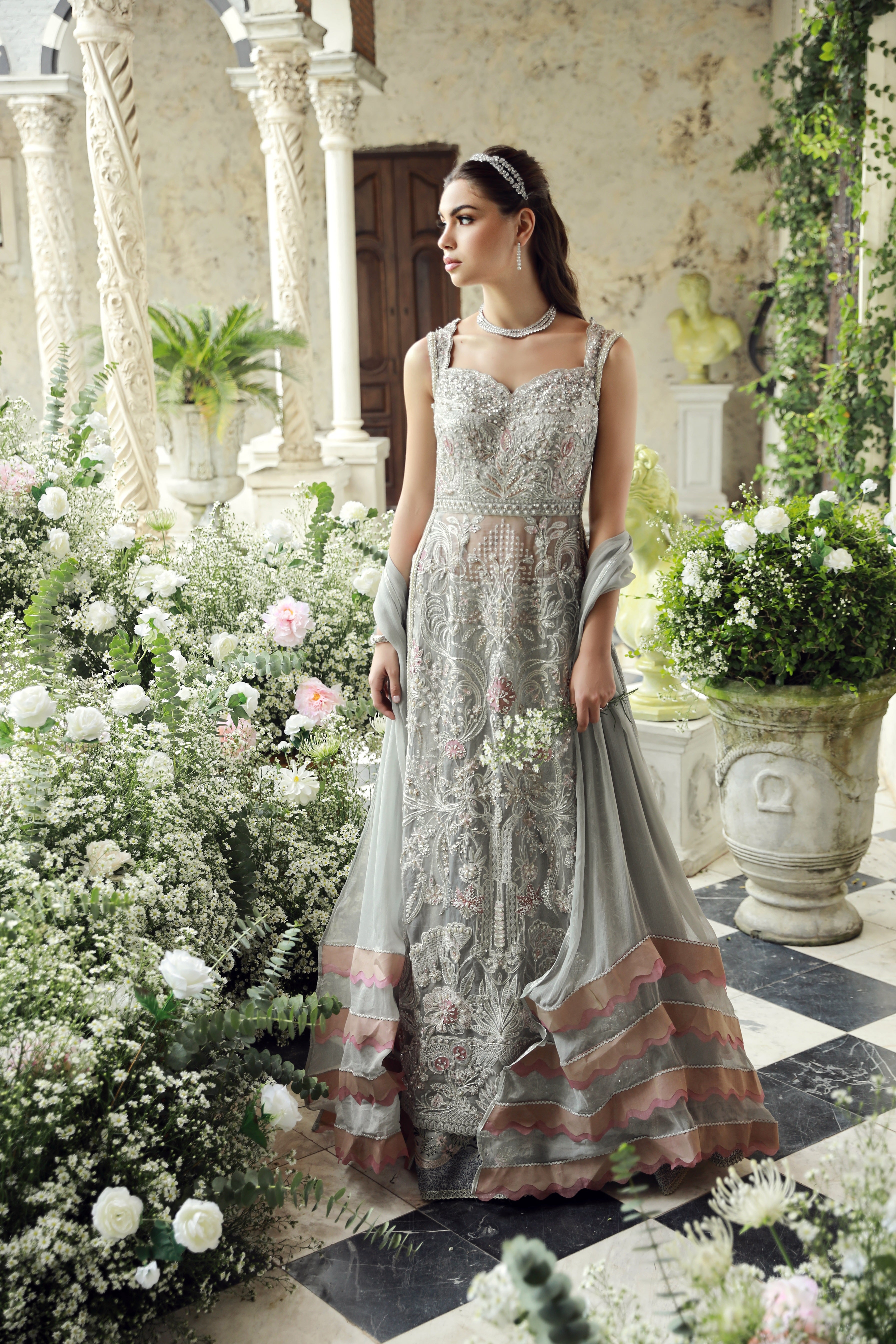 Pakistani Ash Grey Embroidered Net Formal Gown (2-Piece) - Image 5