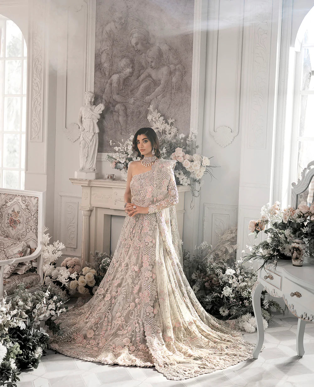 Soft Grey Embroidered Net Bridal Gown (2-Piece) - Image 1