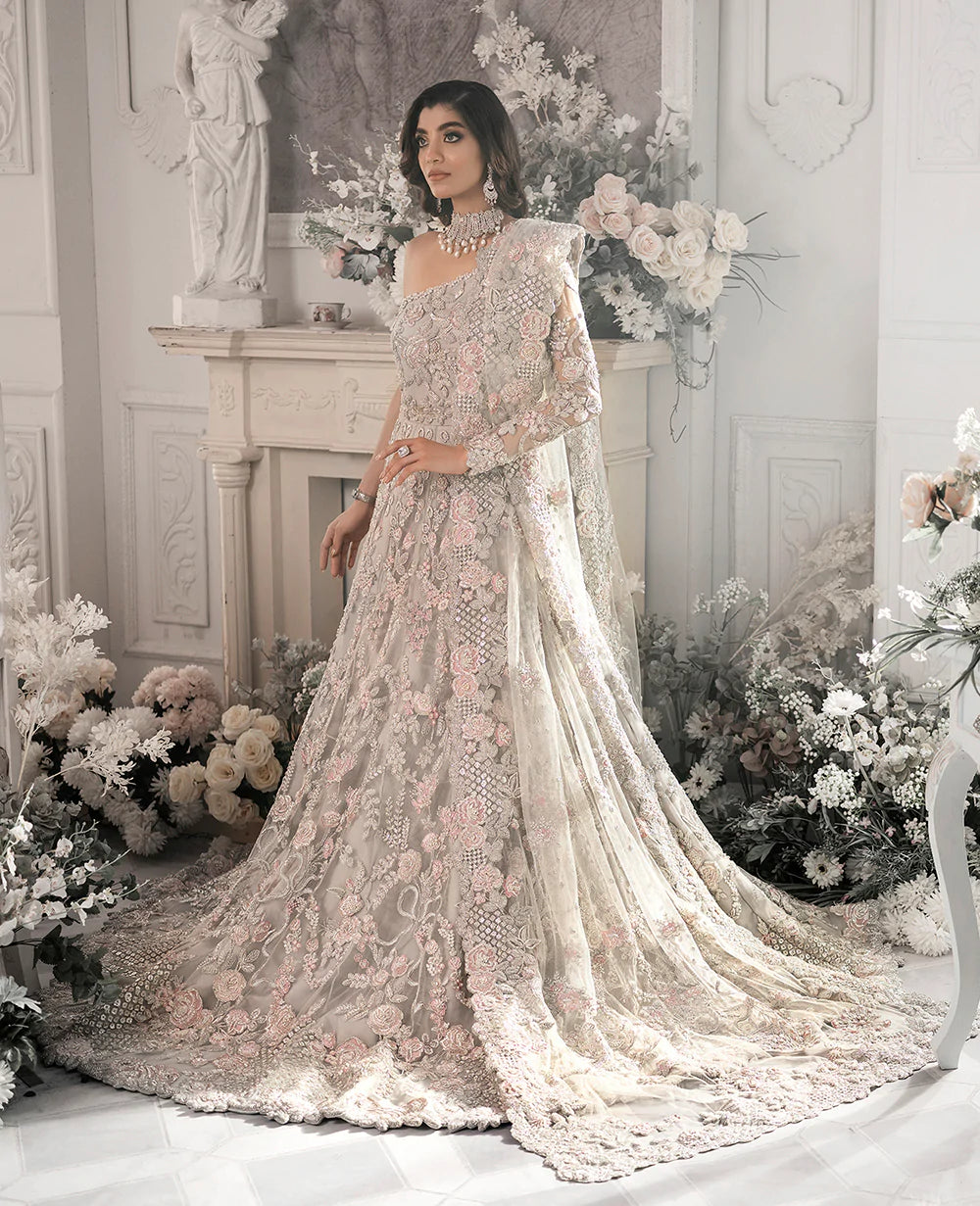 Soft Grey Embroidered Net Bridal Gown (2-Piece) - Image 2