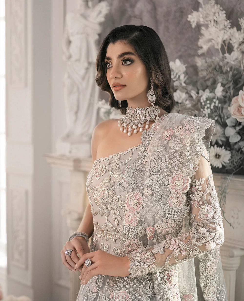 Soft Grey Embroidered Net Bridal Gown (2-Piece) - Image 3