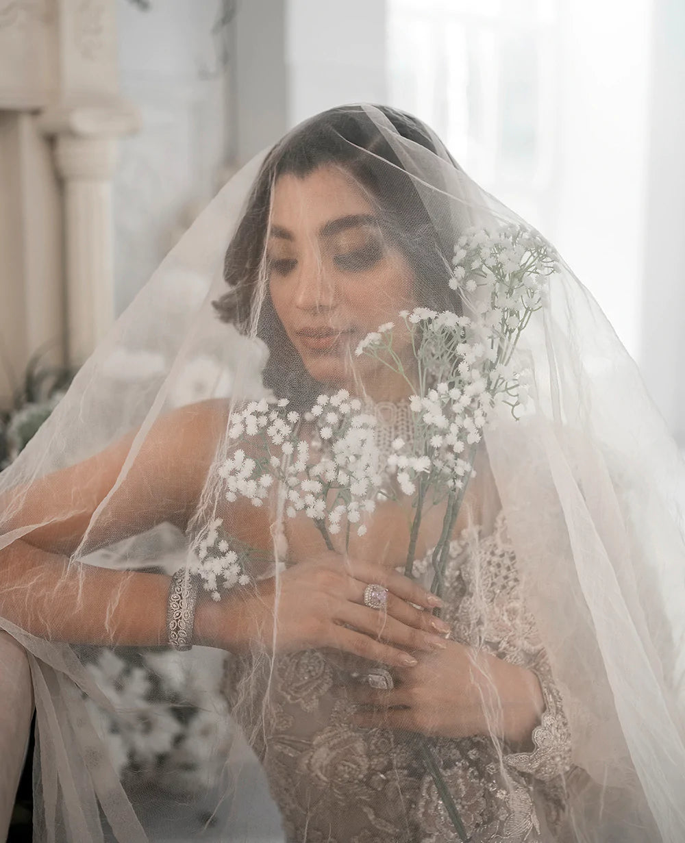 Soft Grey Embroidered Net Bridal Gown (2-Piece) - Image 5