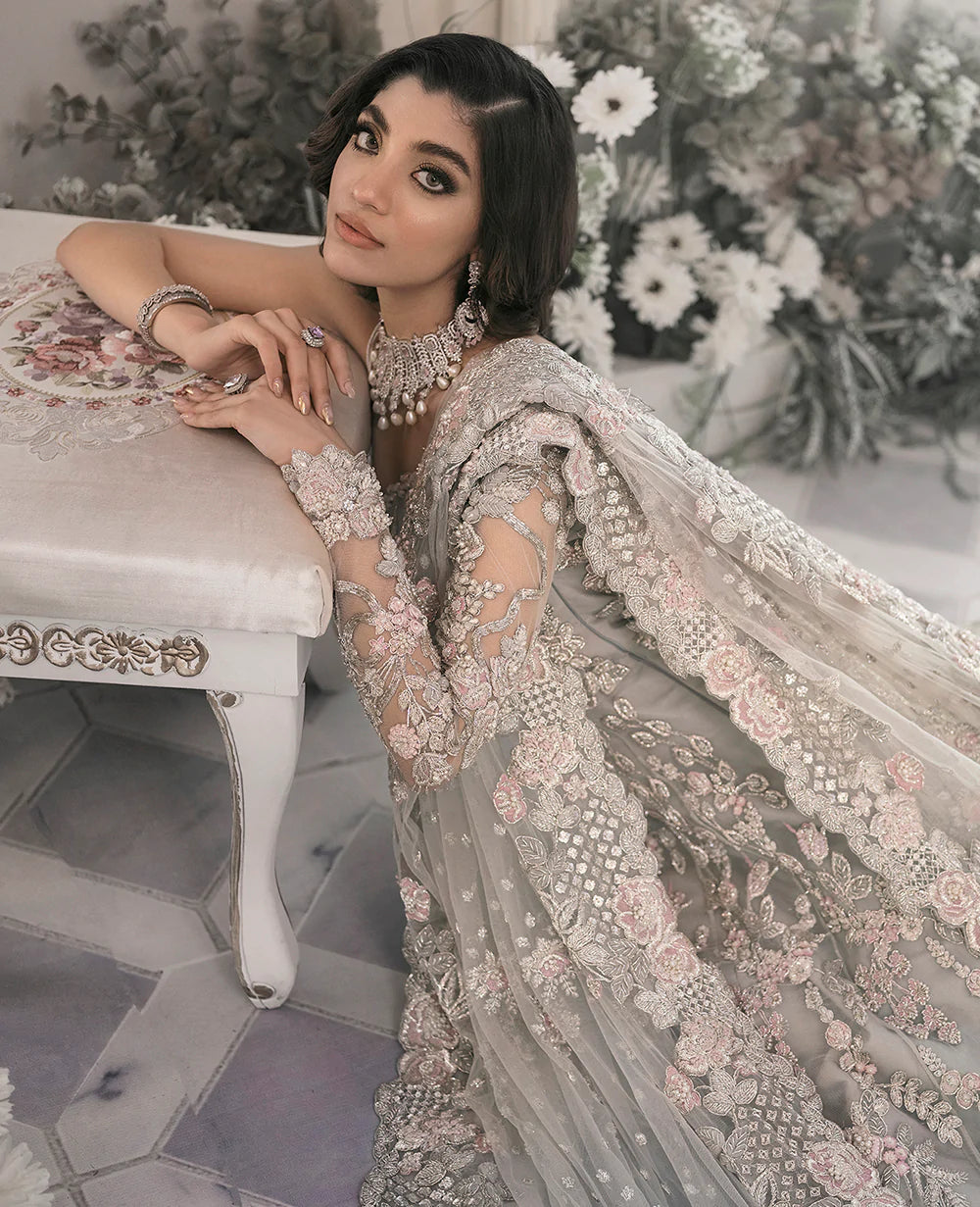 Soft Grey Embroidered Net Bridal Gown (2-Piece) - Image 6