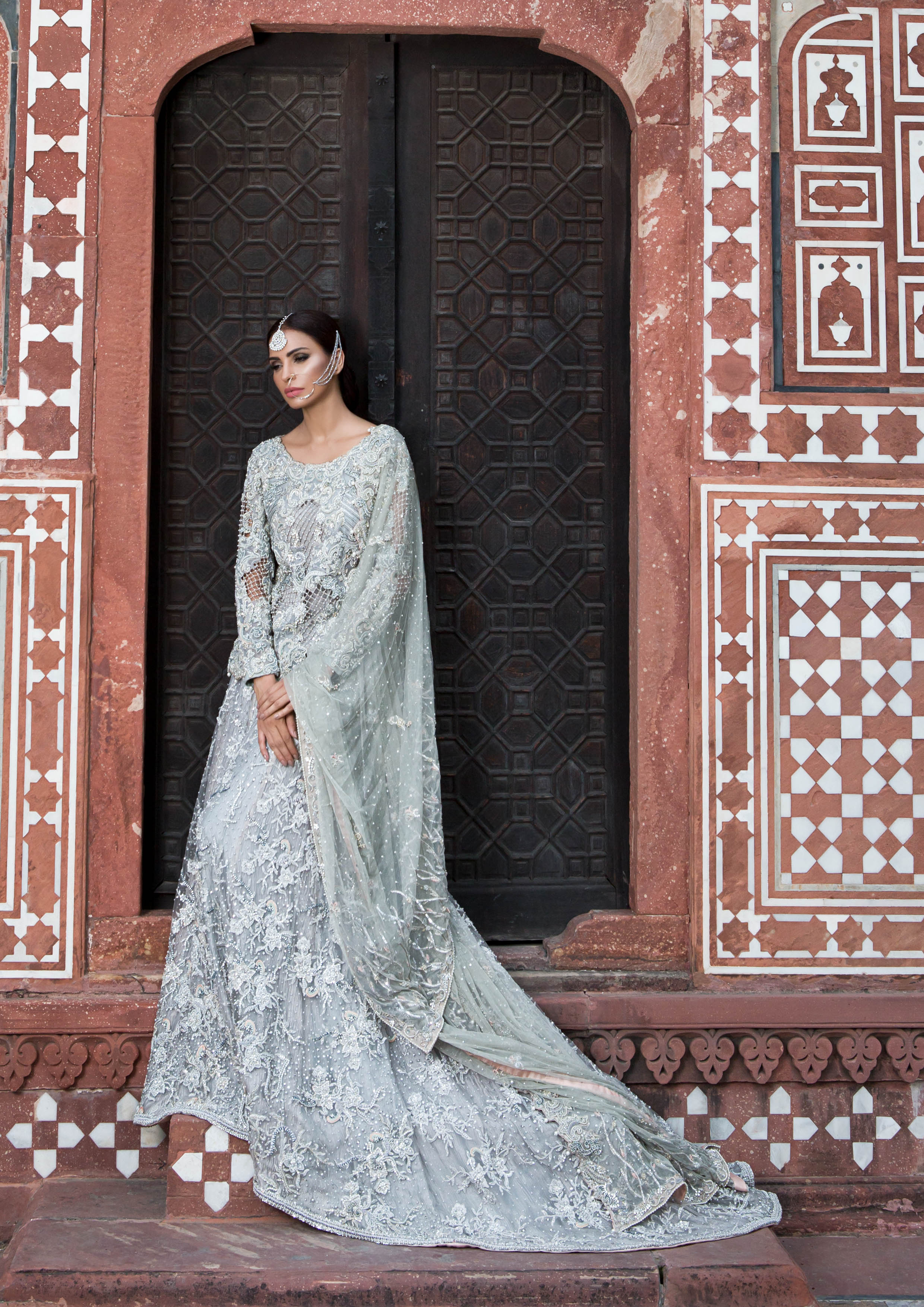 Pakistani Grey Embellished Net Bridal Gown (2-Piece) - Image 1