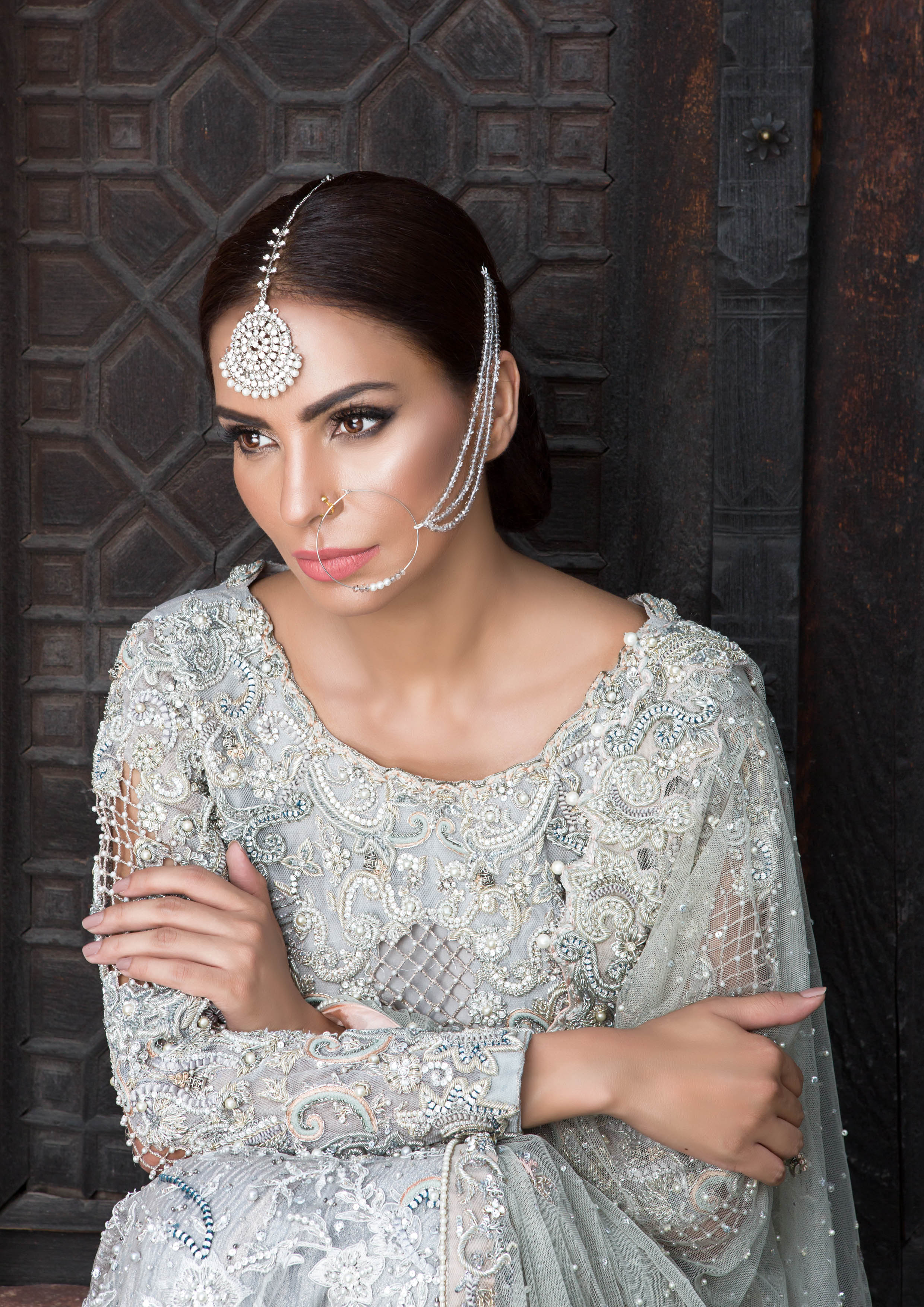 Pakistani Grey Embellished Net Bridal Gown (2-Piece) - Image 2