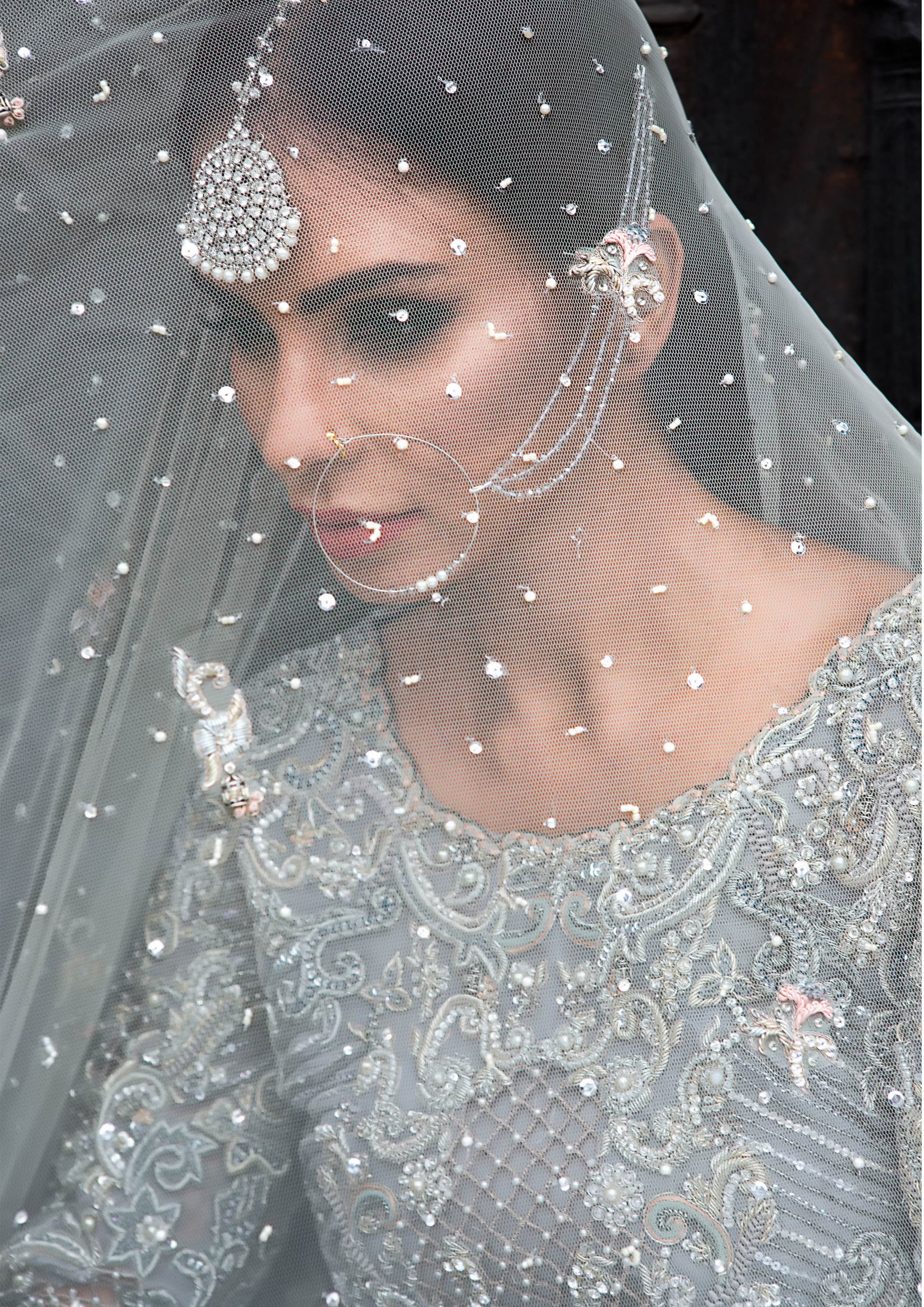 Pakistani Grey Embellished Net Bridal Gown (2-Piece) - Image 4