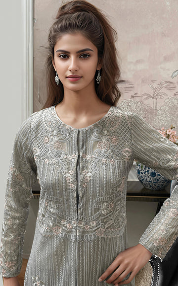 Pakistani Grey Embroidered Net Long Jacket Gown (2-Piece) - Image 2