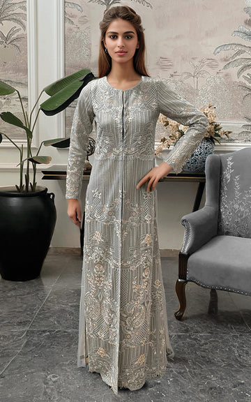 Pakistani Grey Embroidered Net Long Jacket Gown (2-Piece) - Image 3