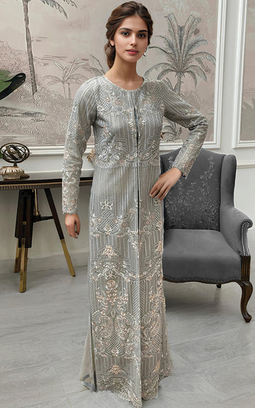 Pakistani Grey Embroidered Net Long Jacket Gown (2-Piece) - Image 4