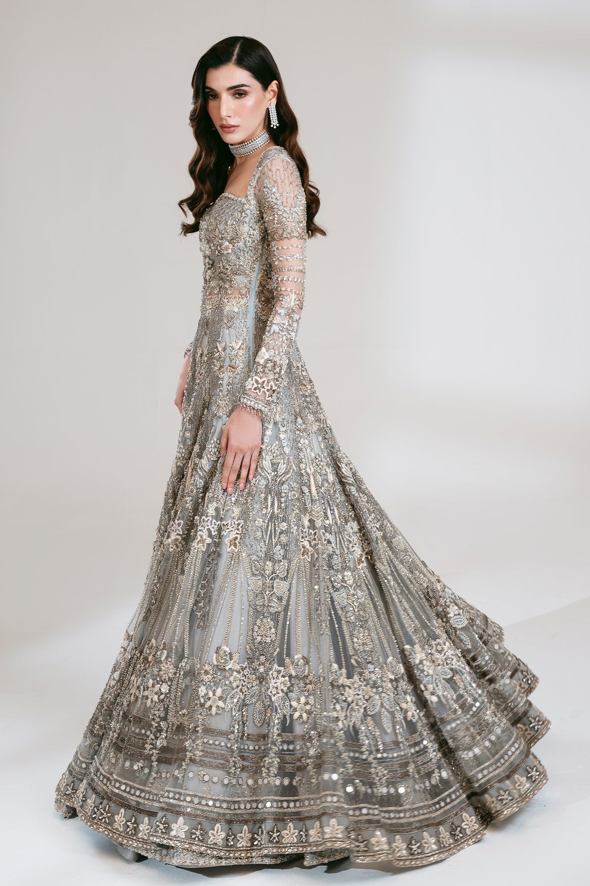 Pakistani Grey Zardozi & Crystal Net Bridal Gown (2-Piece) - Image 1