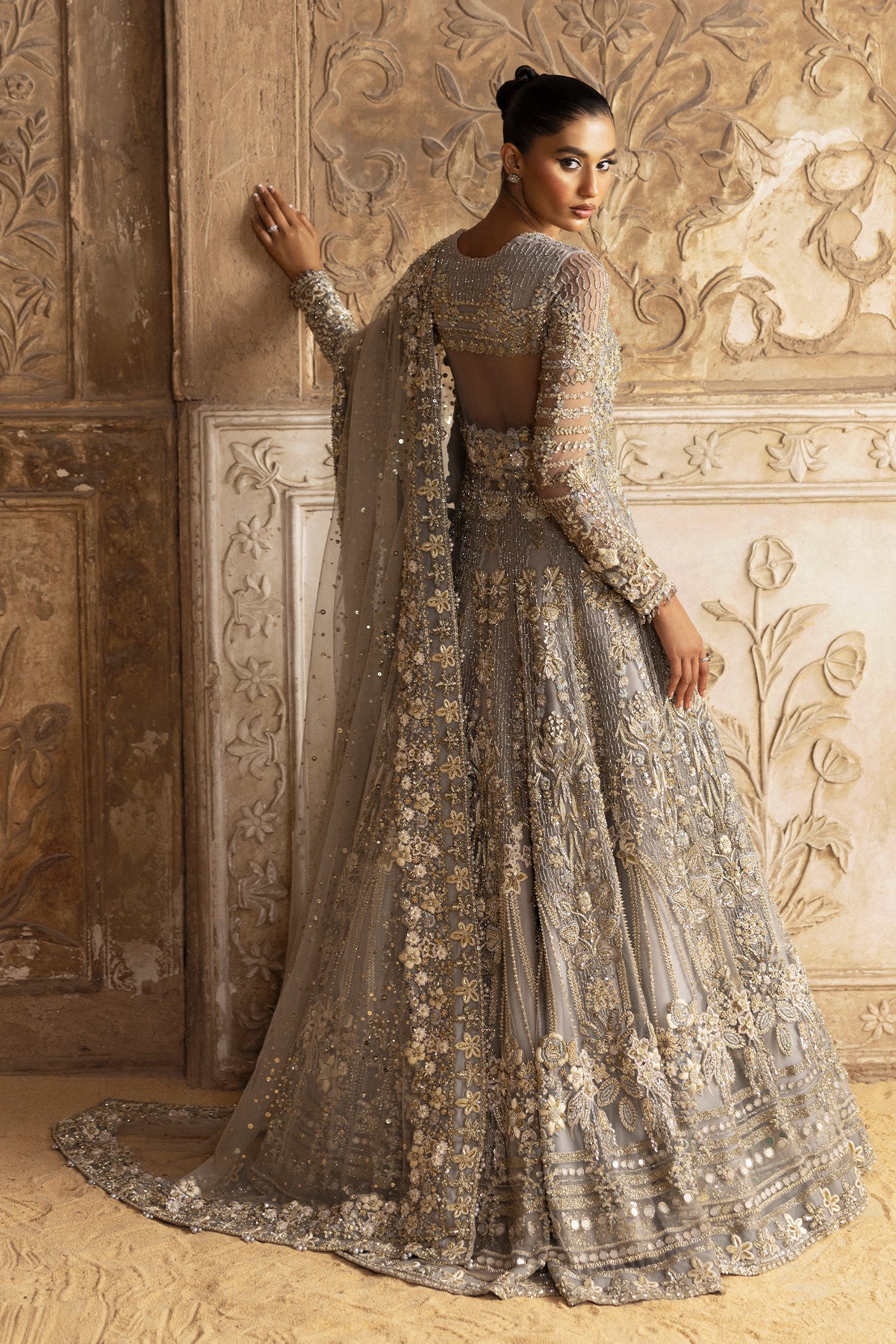 Pakistani Grey Zardozi & Crystal Net Bridal Gown (2-Piece) - Image 10