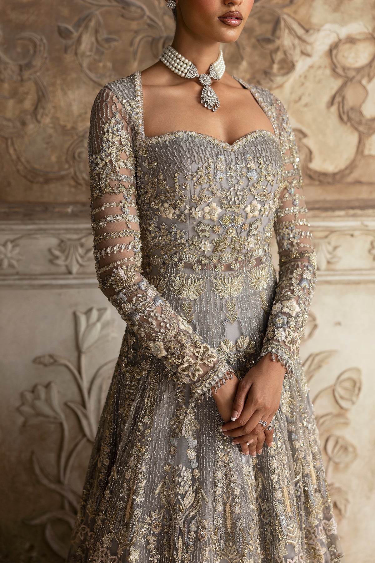 Pakistani Grey Zardozi & Crystal Net Bridal Gown (2-Piece) - Image 11