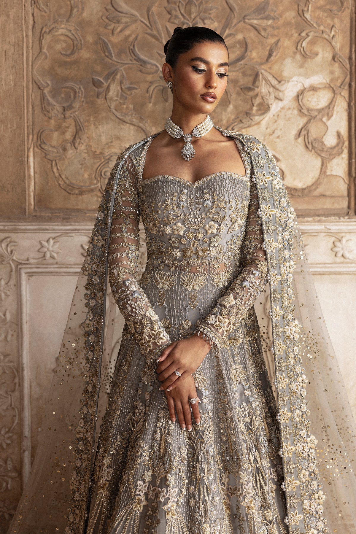 Pakistani Grey Zardozi & Crystal Net Bridal Gown (2-Piece) - Image 12
