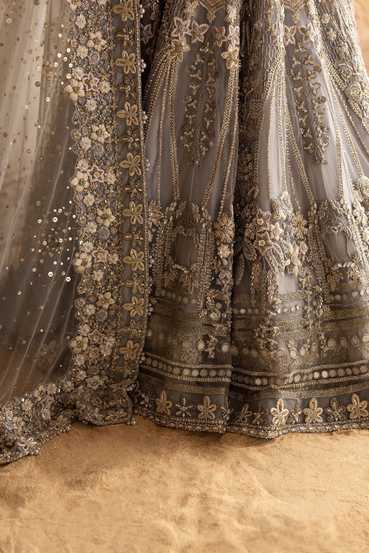 Pakistani Grey Zardozi & Crystal Net Bridal Gown (2-Piece) - Image 13
