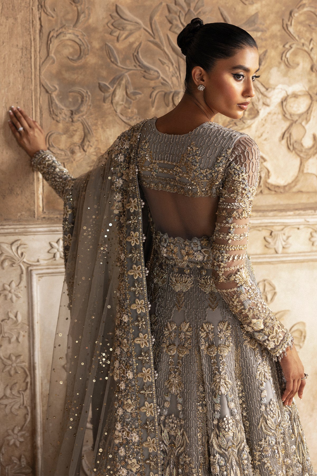 Pakistani Grey Zardozi & Crystal Net Bridal Gown (2-Piece) - Image 14