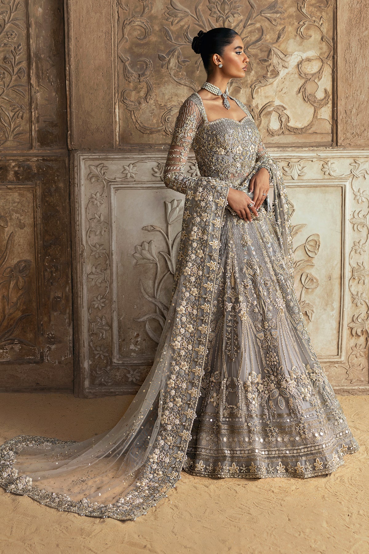 Pakistani Grey Zardozi & Crystal Net Bridal Gown (2-Piece) - Image 15