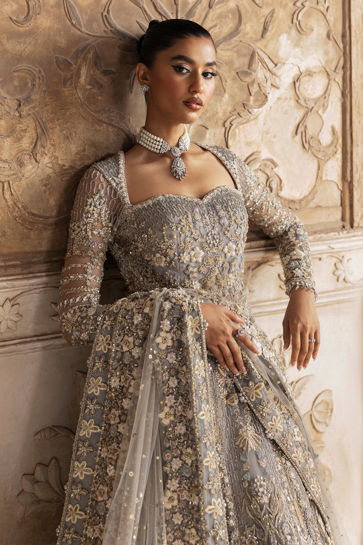 Pakistani Grey Zardozi & Crystal Net Bridal Gown (2-Piece) - Image 16