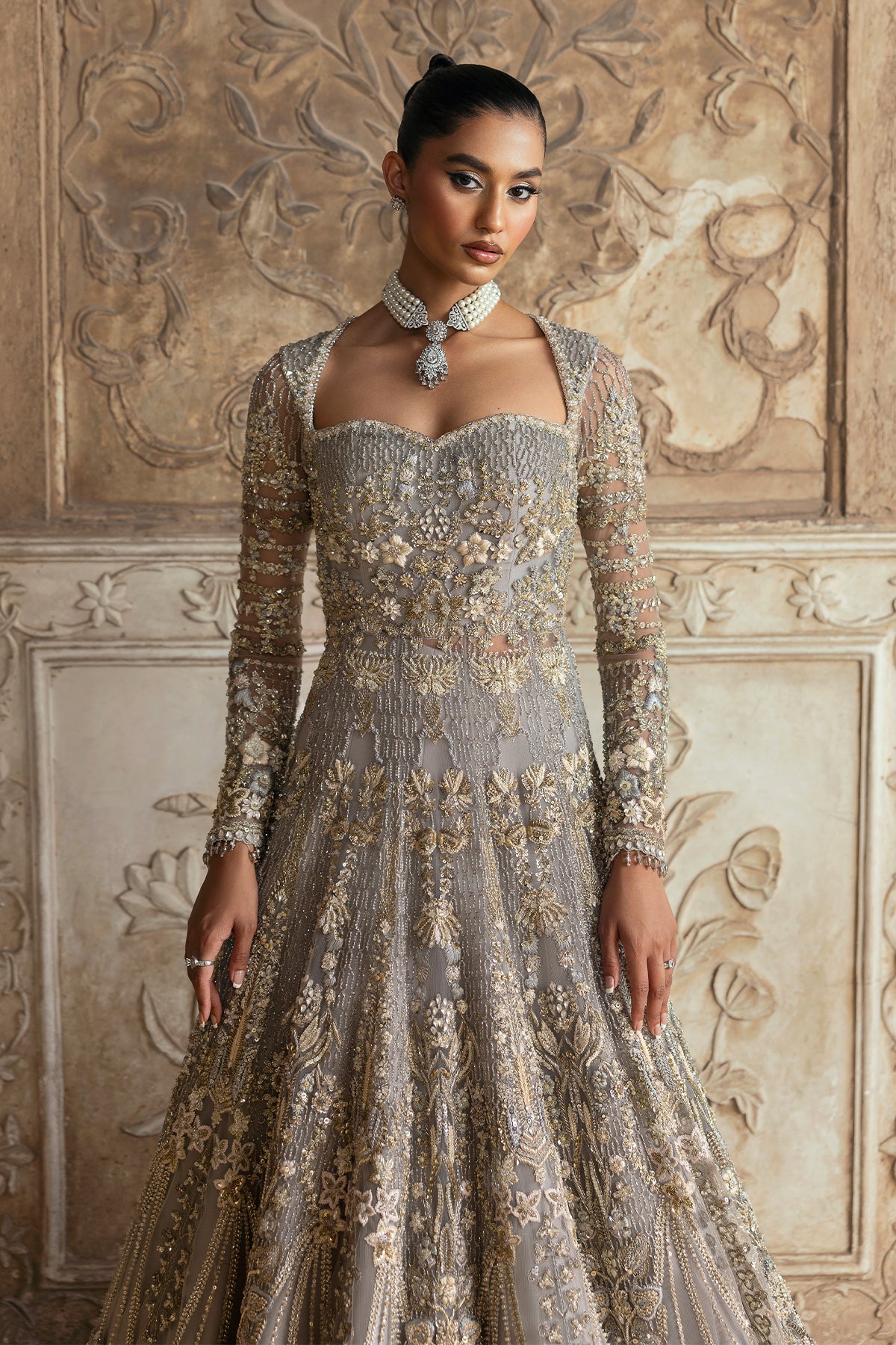 Pakistani Grey Zardozi & Crystal Net Bridal Gown (2-Piece) - Image 17
