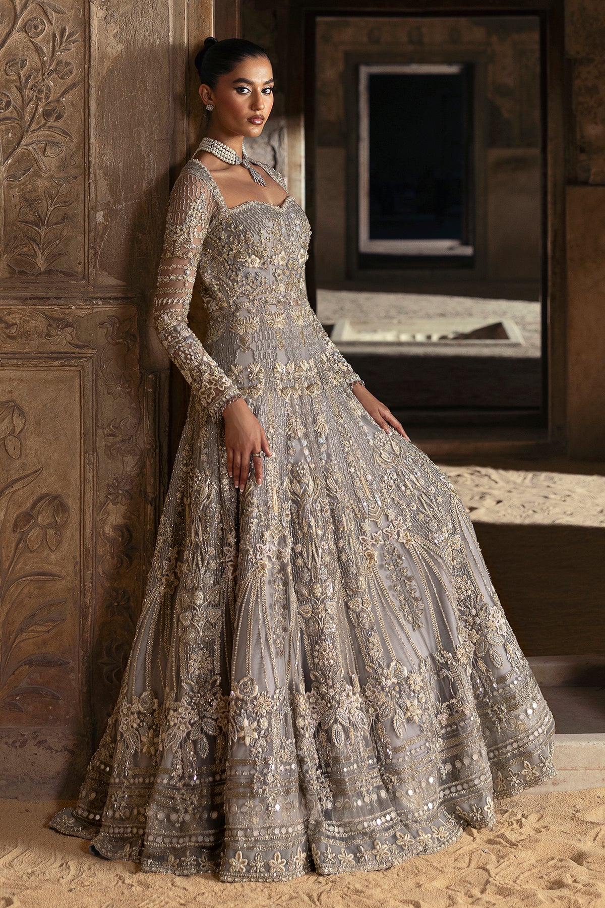 Pakistani Grey Zardozi & Crystal Net Bridal Gown (2-Piece) - Image 18