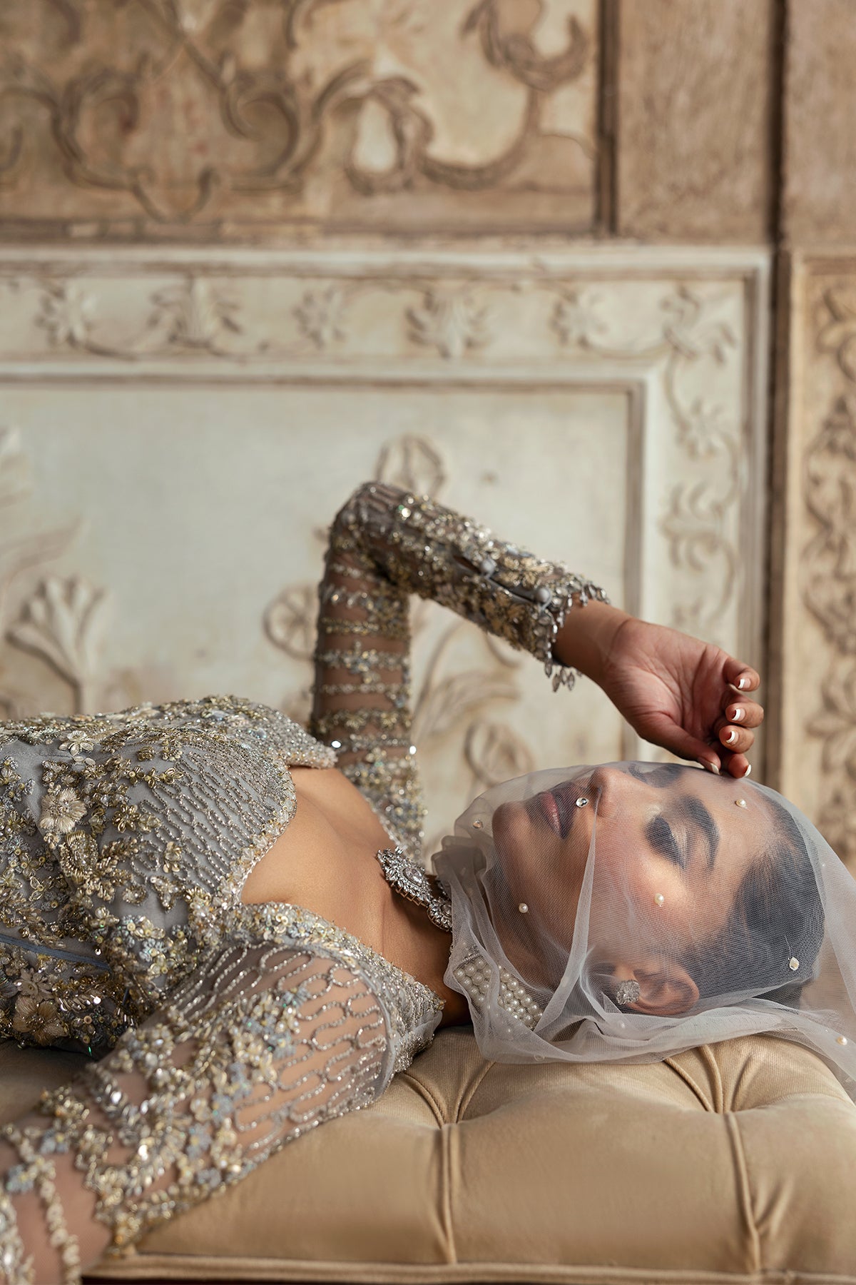 Pakistani Grey Zardozi & Crystal Net Bridal Gown (2-Piece) - Image 19