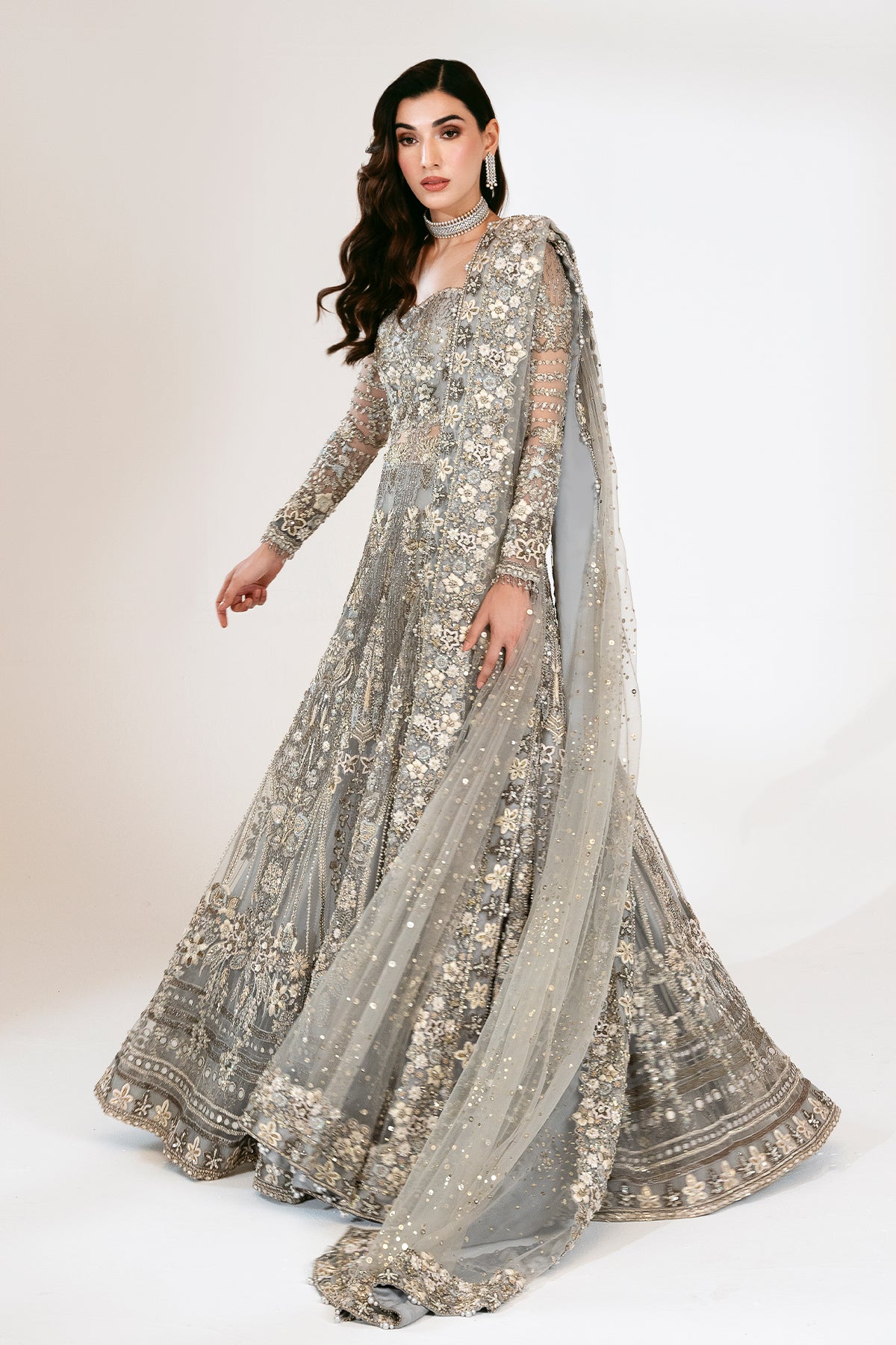 Pakistani Grey Zardozi & Crystal Net Bridal Gown (2-Piece) - Image 2