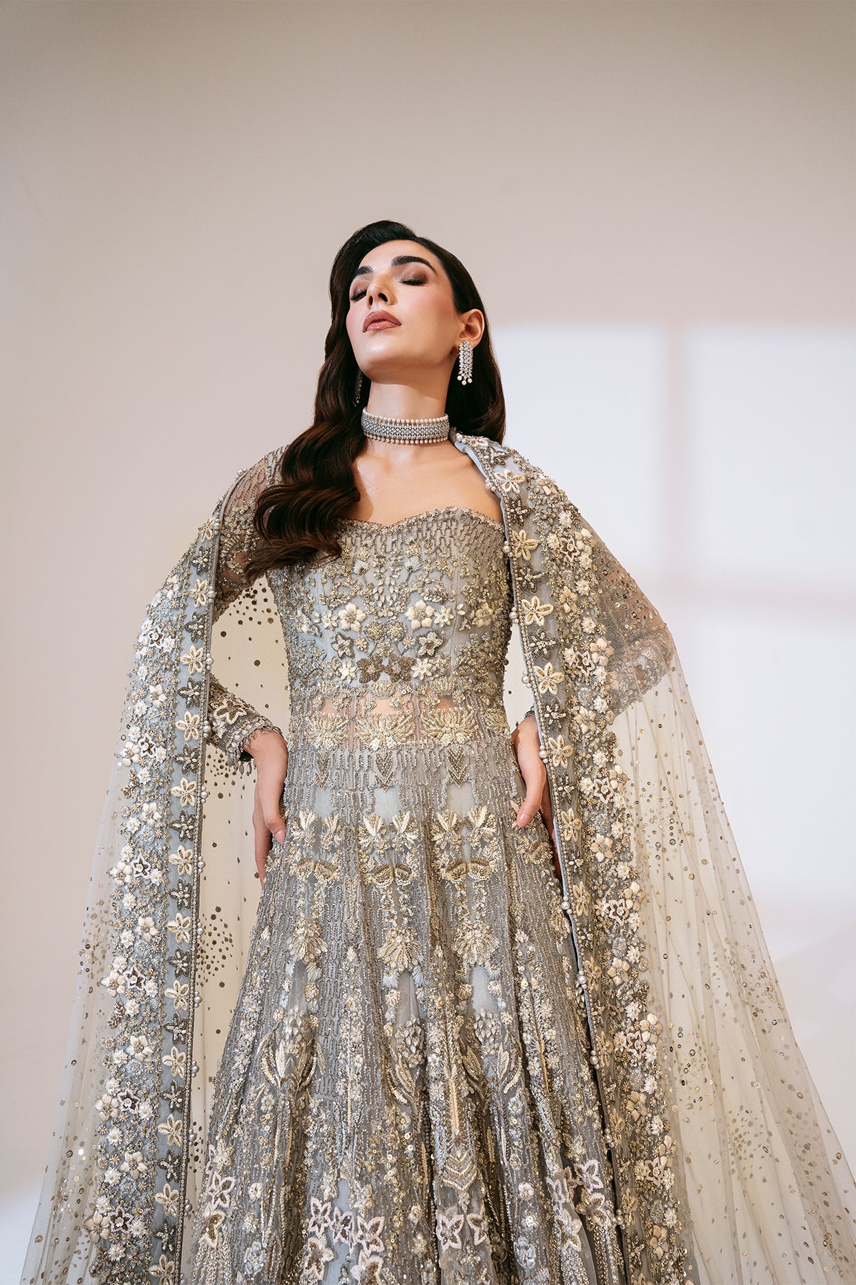 Pakistani Grey Zardozi & Crystal Net Bridal Gown (2-Piece) - Image 3