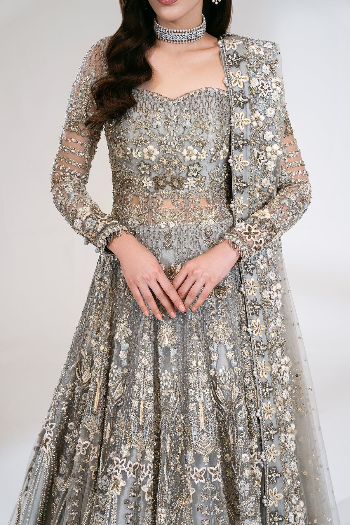 Pakistani Grey Zardozi & Crystal Net Bridal Gown (2-Piece) - Image 5