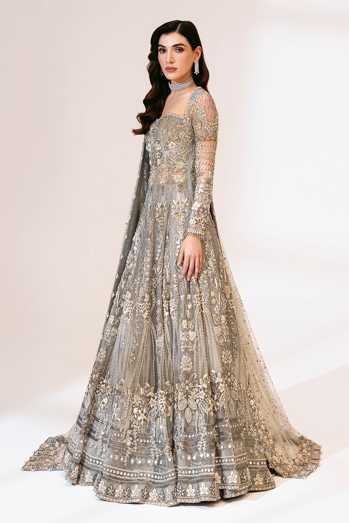 Pakistani Grey Zardozi & Crystal Net Bridal Gown (2-Piece) - Image 7