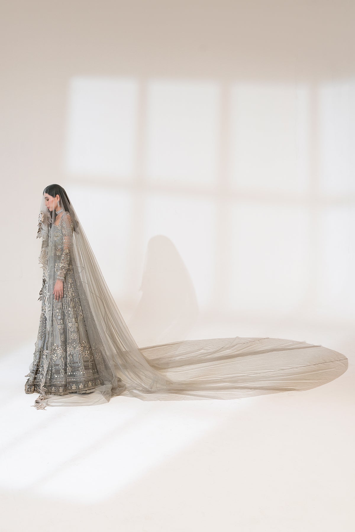 Pakistani Grey Zardozi & Crystal Net Bridal Gown (2-Piece) - Image 8