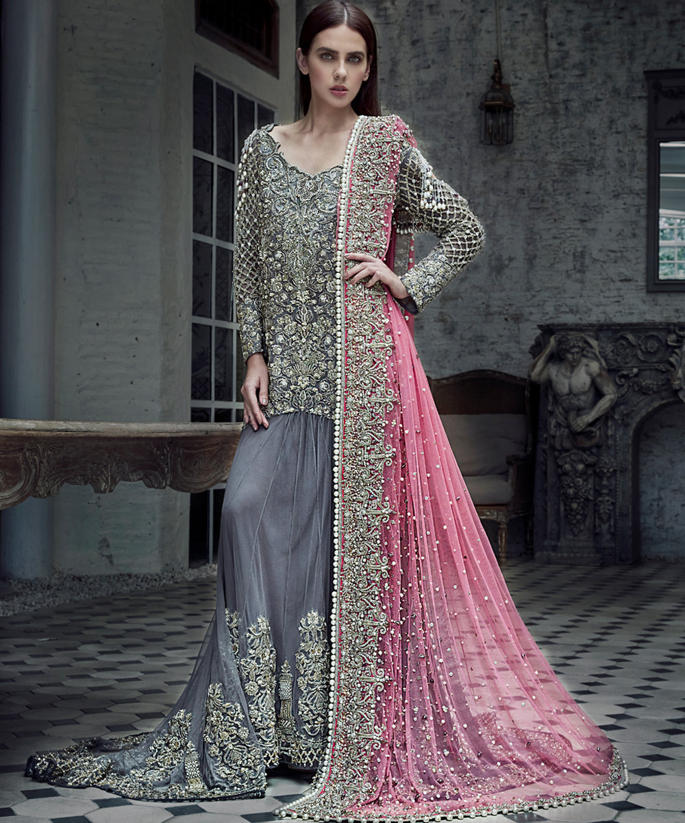 Grey Hand-Embellished Net Gown (2-Piece) - Image 1