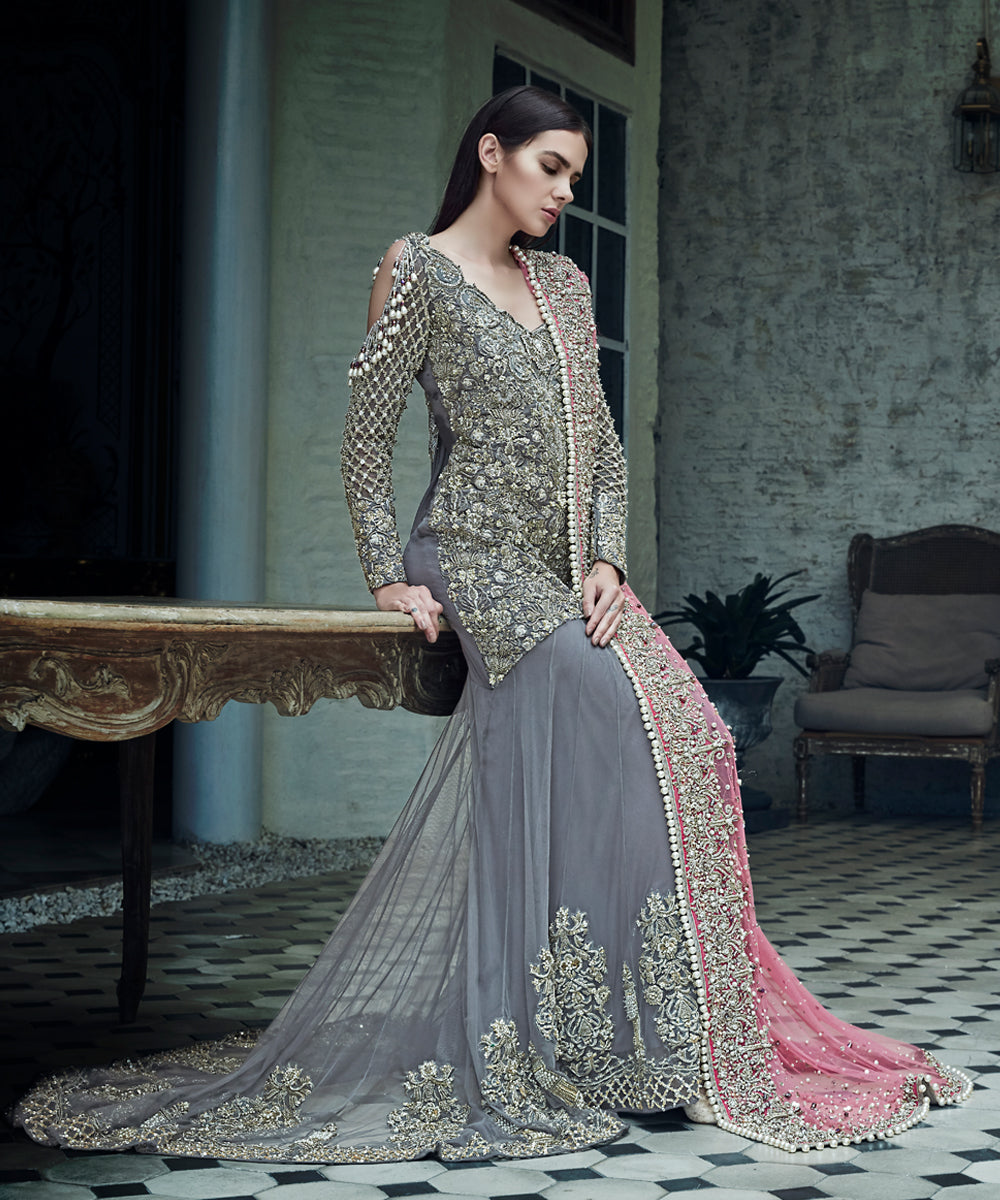 Grey Hand-Embellished Net Gown (2-Piece) - Image 2