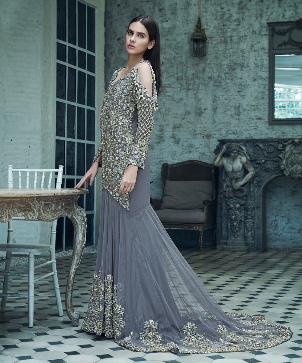 Grey Hand-Embellished Net Gown (2-Piece) - Image 3