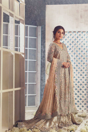 Pakistani Pastel Grey 3D Floral Organza Bridal Gown (2-Piece) - Image 1